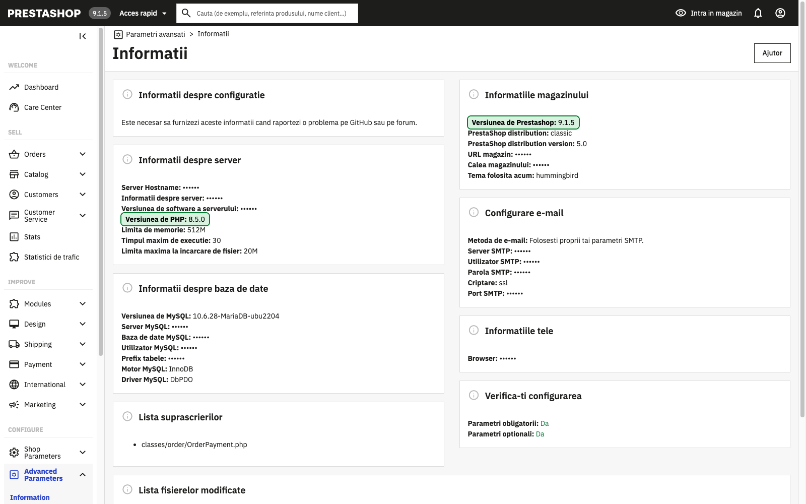 Pagina Informații din administrarea PrestaShop, cu versiunile PrestaShop și PHP