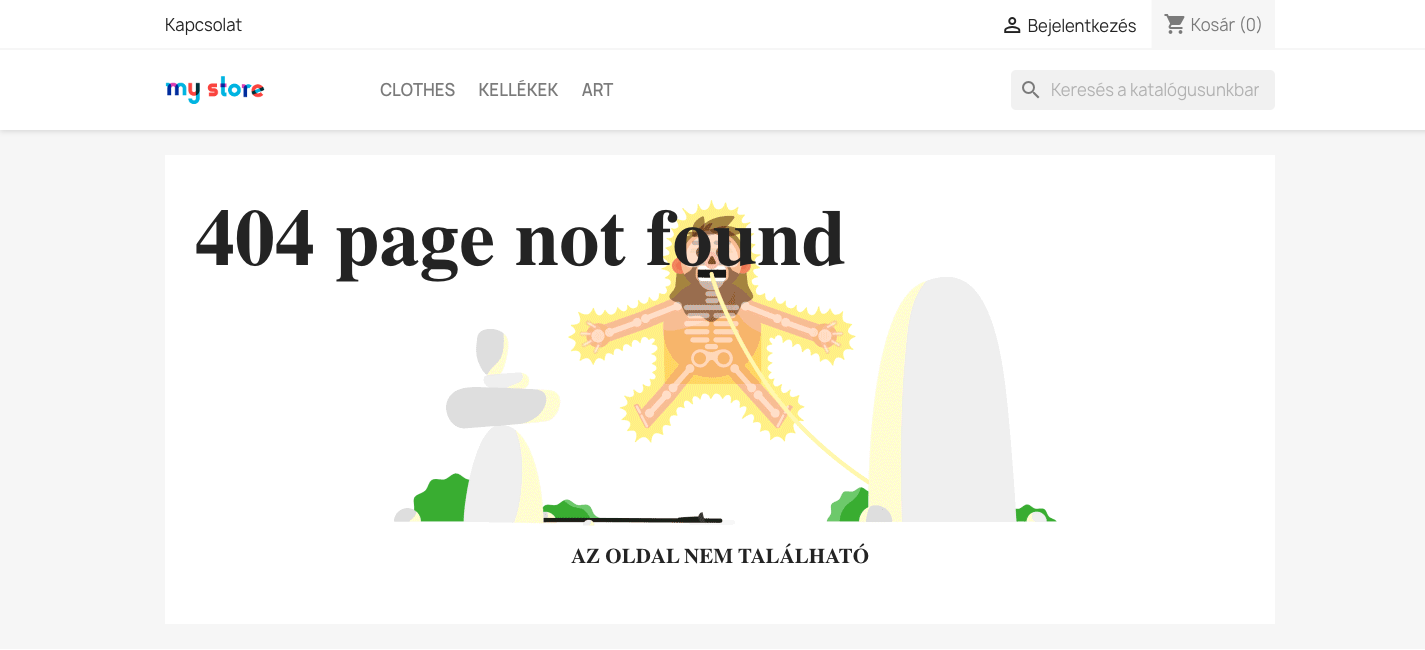 Pagina 404 personalizată în magazin: titlu mare 404, ilustrație și mesajul de pagină negăsită, cu antetul magazinului