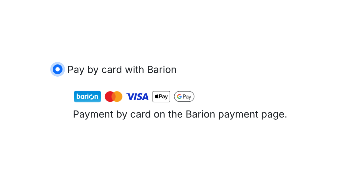 Opțiunea de plată Barion la finalizarea comenzii: Plată cu cardul prin Barion, cu pictogramele Barion, Mastercard, VISA, Apple Pay și Google Pay