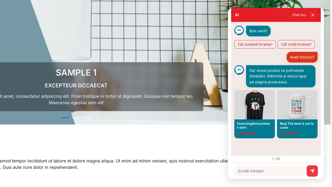 Fereastra de chat în magazinul online: întrebarea vizitatorului, răspunsul asistentului și cardurile produselor recomandate, cu imagine și preț