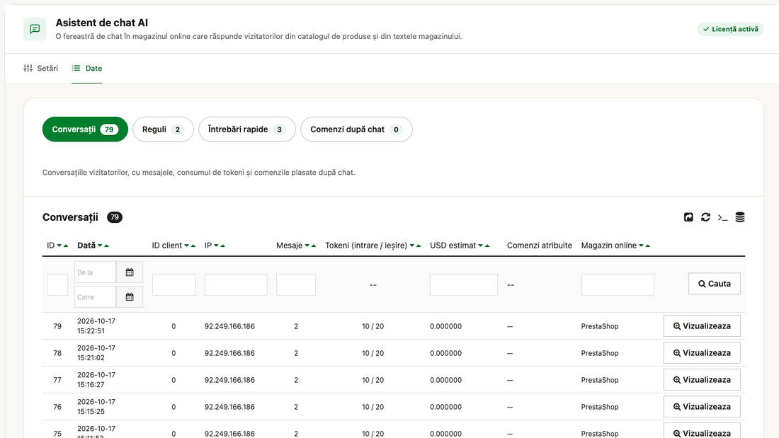 Lista conversațiilor: dată, adresă IP, număr de mesaje, consum de tokenuri, cost estimat și comenzi asociate