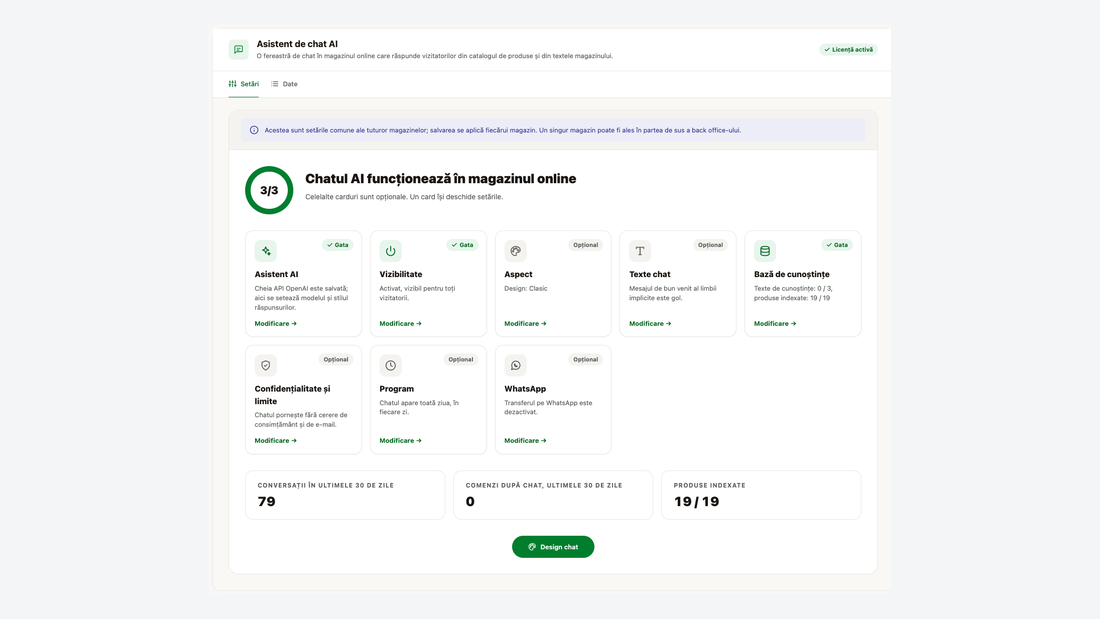 Ecranul Setări al modulului: indicator de progres, opt carduri de setări și numărul de chaturi, comenzi după chat și produse indexate