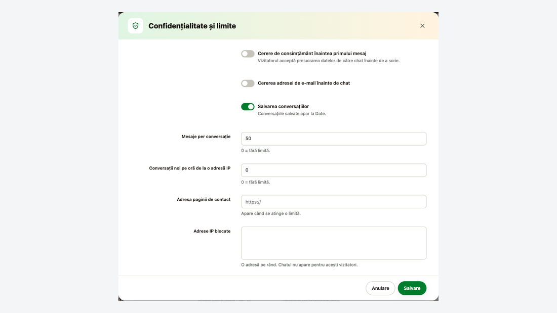 Fereastra Confidențialitate și limite: cerere de consimțământ și de e-mail, salvarea conversațiilor, limite