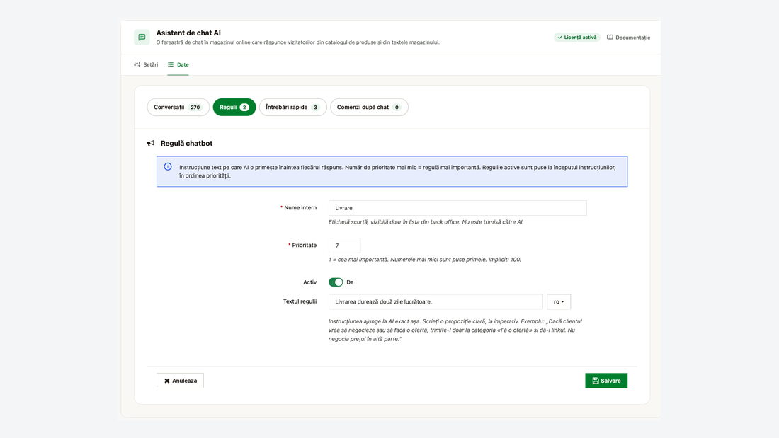 Formularul unei reguli pentru chatbot: nume intern, prioritate, comutator și textul regulii pe fiecare limbă