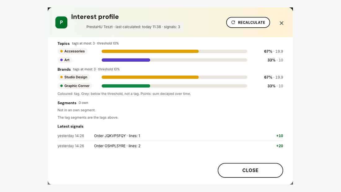 Profilul de interese al unui client: teme și mărci cu puncte, segmente și ultimele semnale