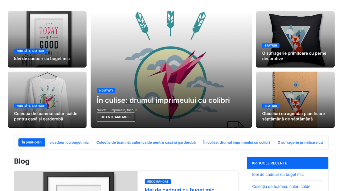 Prima pagină a blogului în magazinul online: articole evidențiate sus, rândul cu cele mai noi titluri, fișe de articole și bară laterală cu categorii și etichete