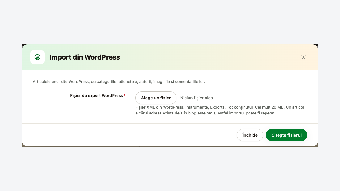 Fereastra Import din WordPress: încărcarea fișierului de export și datele mutate