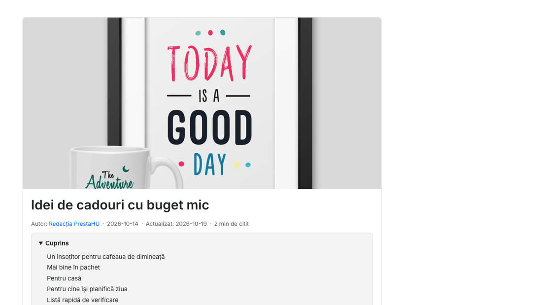 Un articol în magazinul online: imagine principală, titlu, autor, dată, timp de citire și cuprins