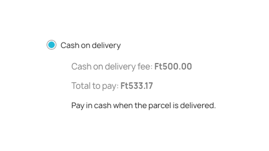 Pasul de plată de la finalizarea comenzii: taxa de ramburs și totalul de plată sub opțiunea Cash on delivery
