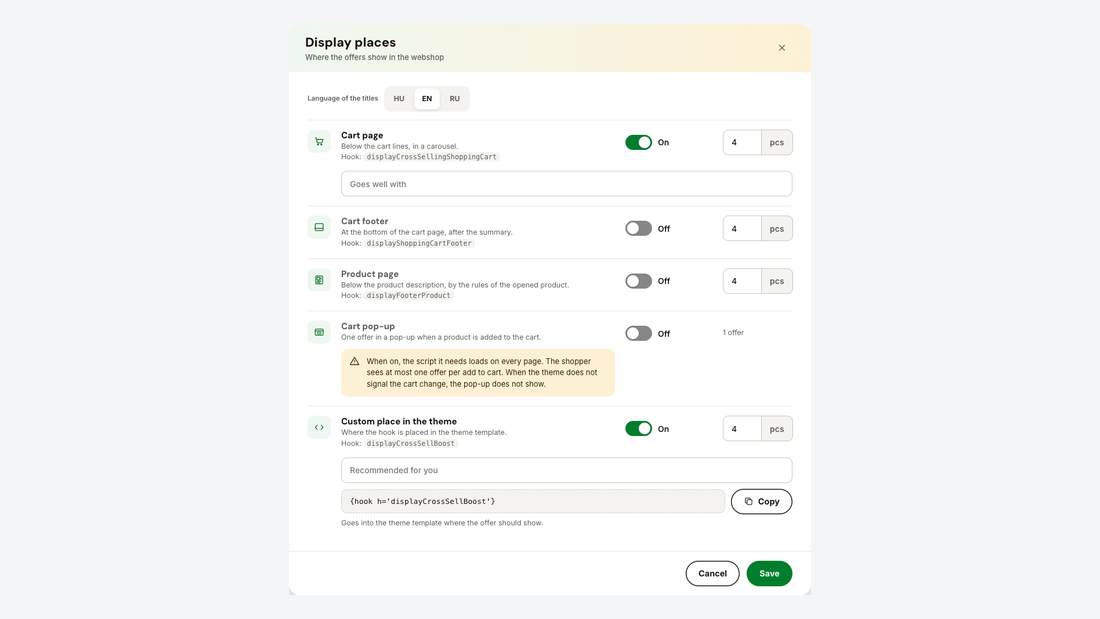 Locuri de afișare: pagina coșului, subsolul coșului, pagina produsului, pop-up-ul coșului și hook personalizat
