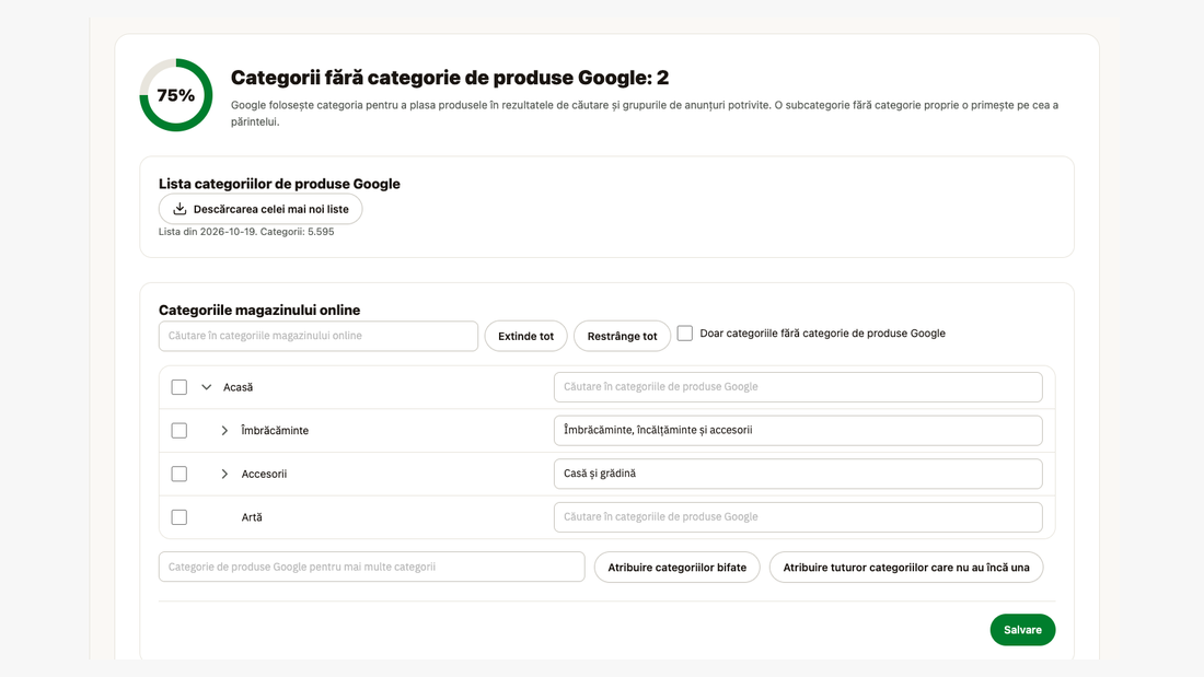 Ecranul Categorii de produse Google: categoriile magazinului online cu categoria de produse Google atribuită