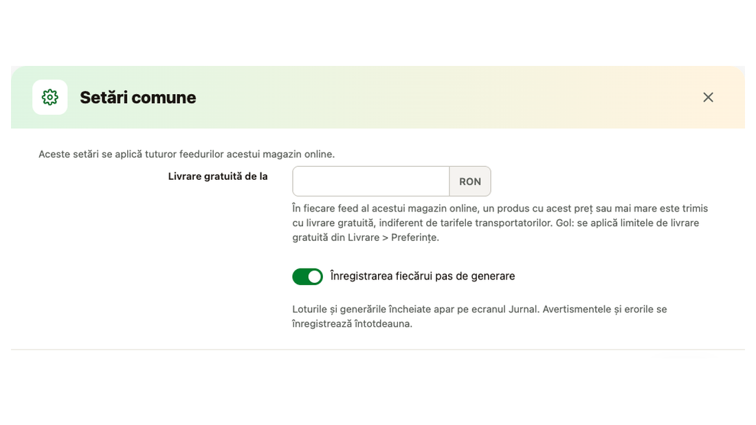 Fereastra Setări comune: pragul de livrare gratuită și înregistrarea pașilor de generare