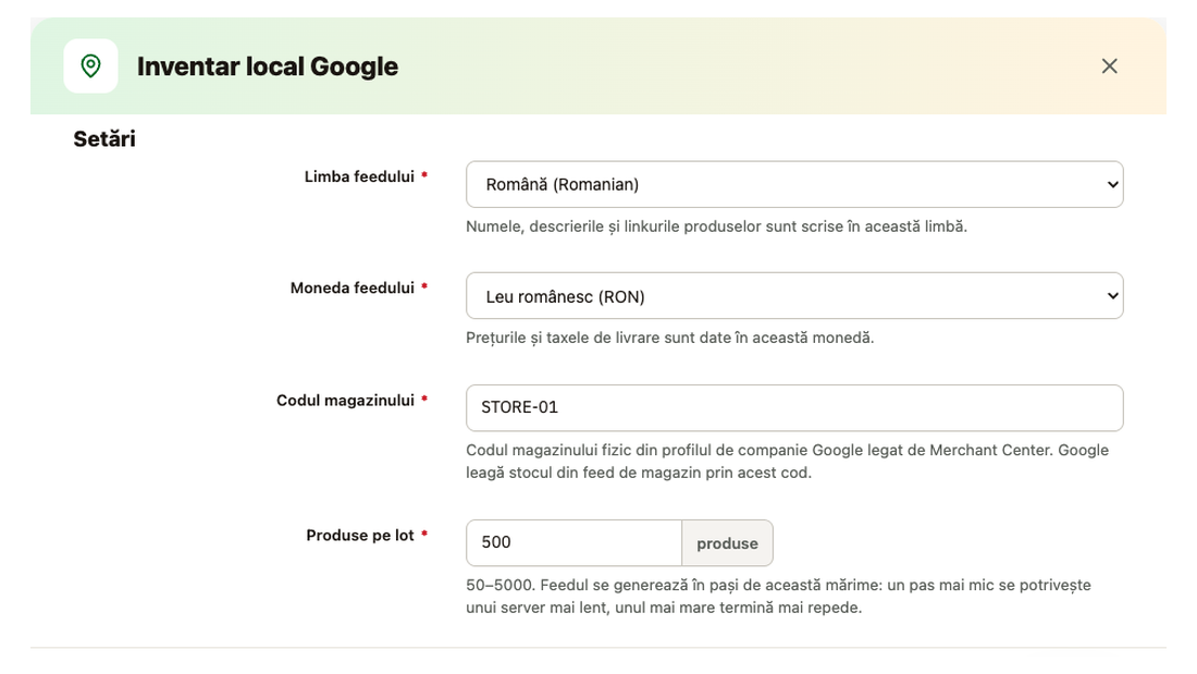 Setările feedului de inventar local Google: limba și moneda feedului, codul magazinului