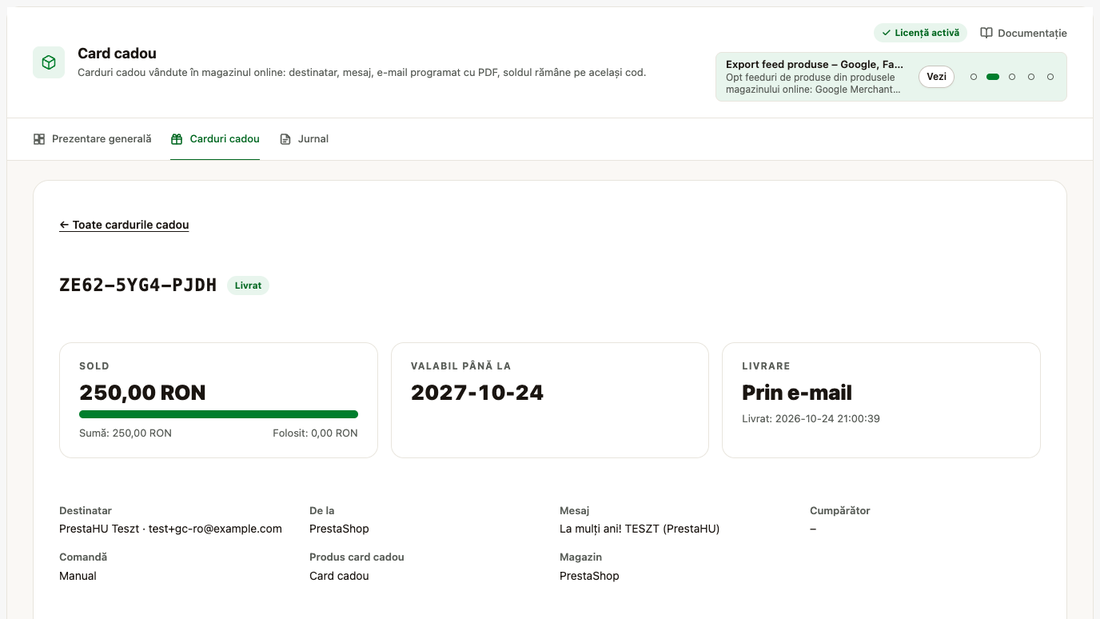 Pagina unui card cu sold, dată de expirare, livrare și datele destinatarului