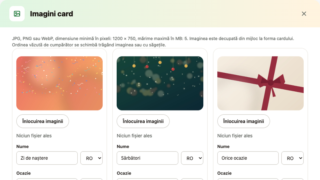 Gestionarea imaginilor cardului: înlocuire imagine, nume, ordine