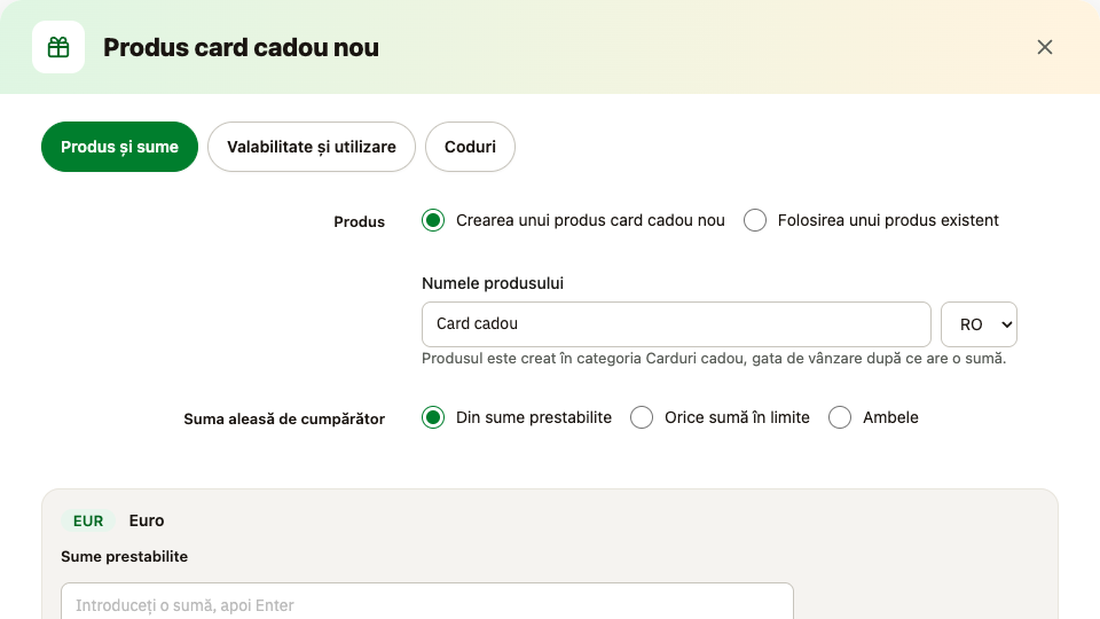 Produs card cadou: produs nou sau existent și sumele oferite pe monedă