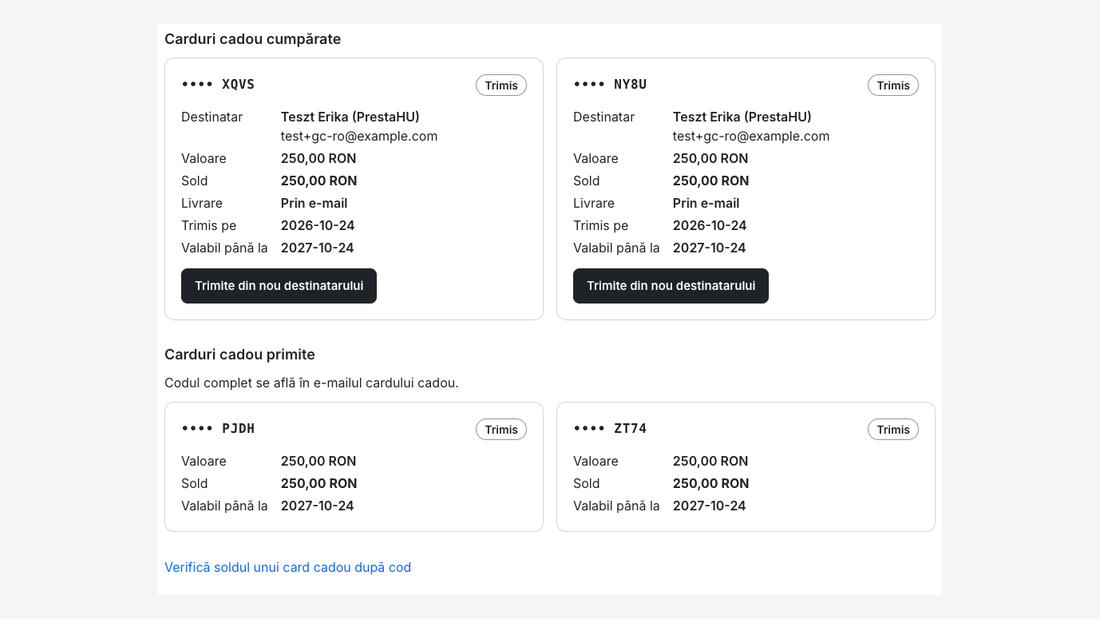 Contul cumpărătorului cu cardurile cumpărate și primite, sold și dată de expirare