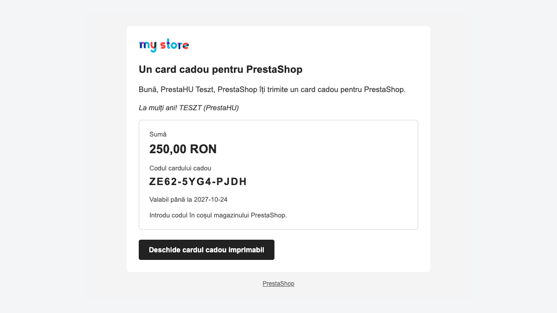E-mailul destinatarului cu sigla magazinului, suma, codul și data expirării