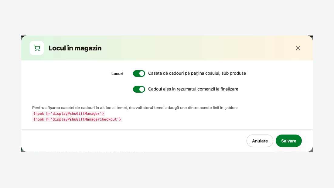 Unde apare caseta de cadouri: pagina coșului și finalizarea comenzii, pe magazin