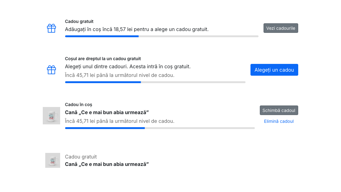 Caseta de cadouri pe pagina coșului: suma care lipsește cu bară de progres, cadou de ales, cadou în coș și în rezumatul comenzii