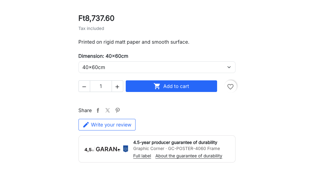 Cardul etichetei GARAN pe pagina produsului, cu durata garanției, marca și modelul