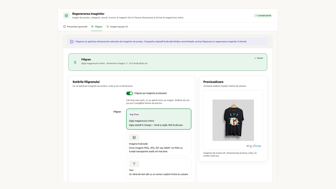 Ecranul Filigran: stare, sursa filigranului (siglă, imagine încărcată, text) și previzualizare live