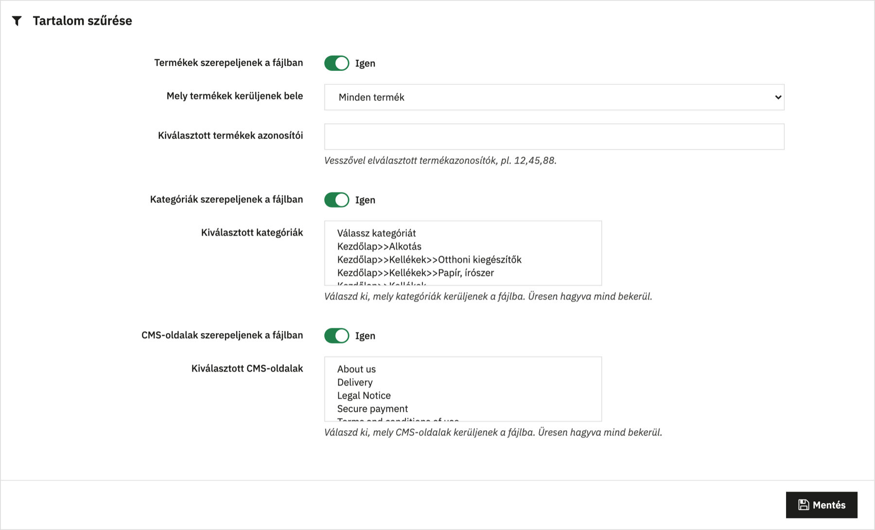 Alegerea categoriilor, produselor și paginilor pentru listă