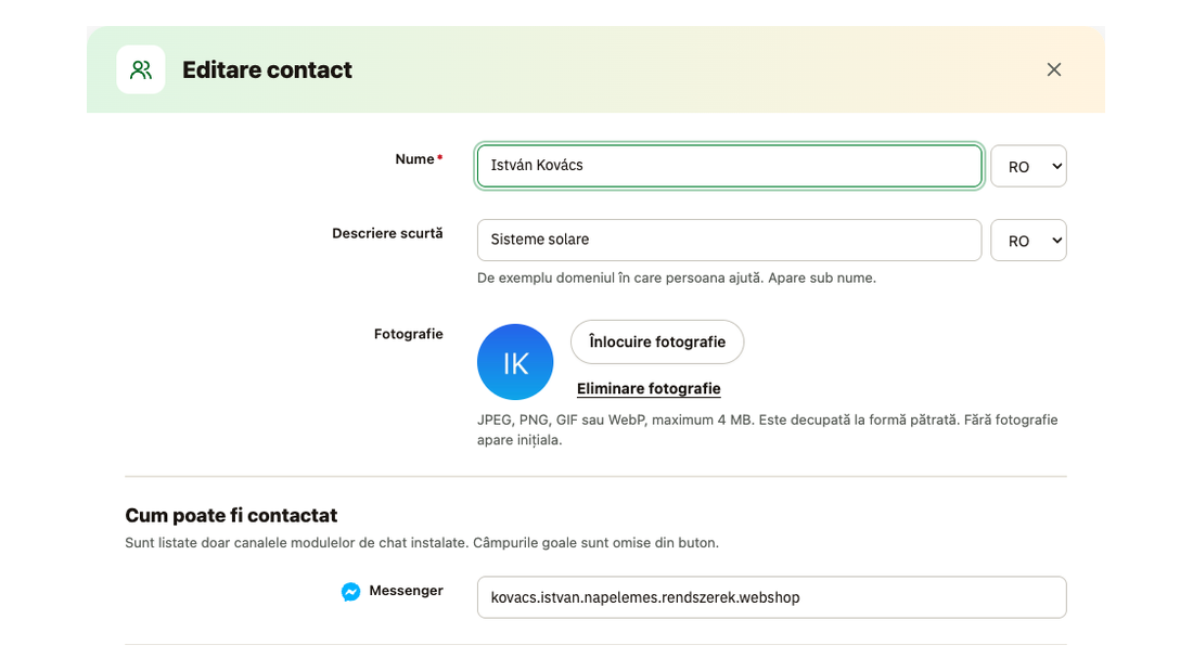 Fereastra persoanei de contact: nume și descriere scurtă pe limbă, fotografie și pagina de Facebook căreia clientul îi scrie pe Messenger