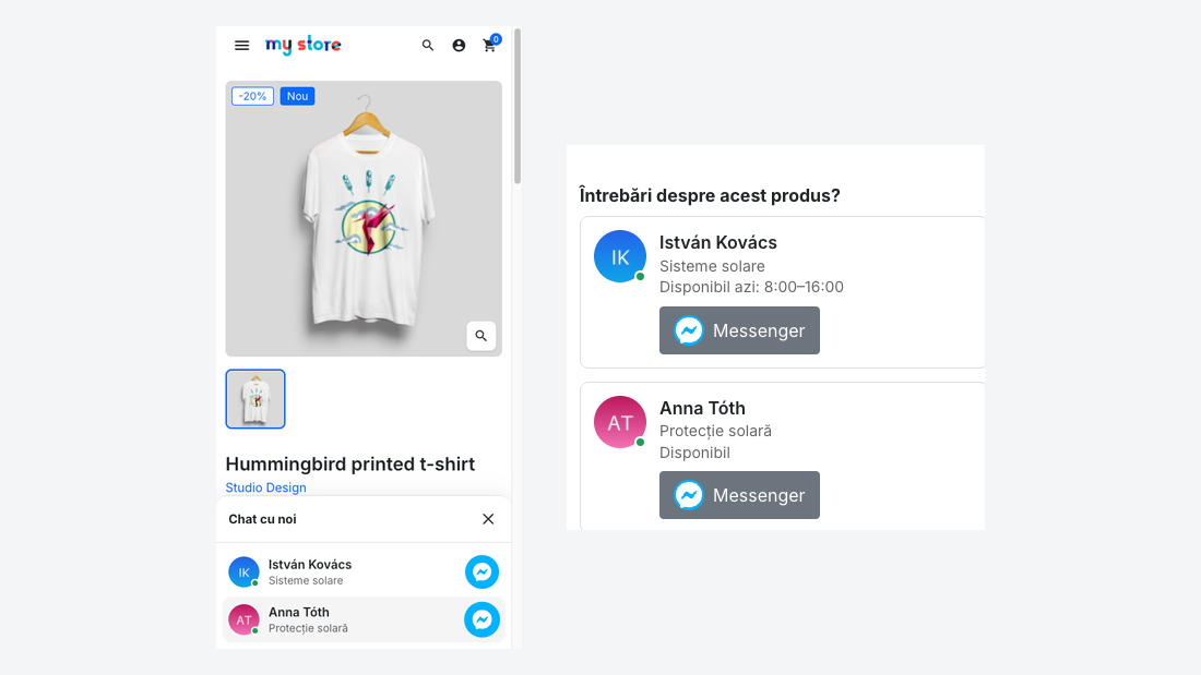 Pe telefon: panoul de chat și cardurile de contact de pe pagina de produs