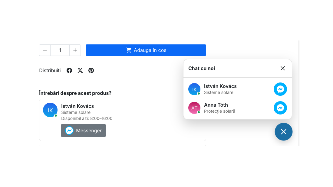 Pagina de produs cu panoul de chat deschis și cardul de contact cu programul de azi