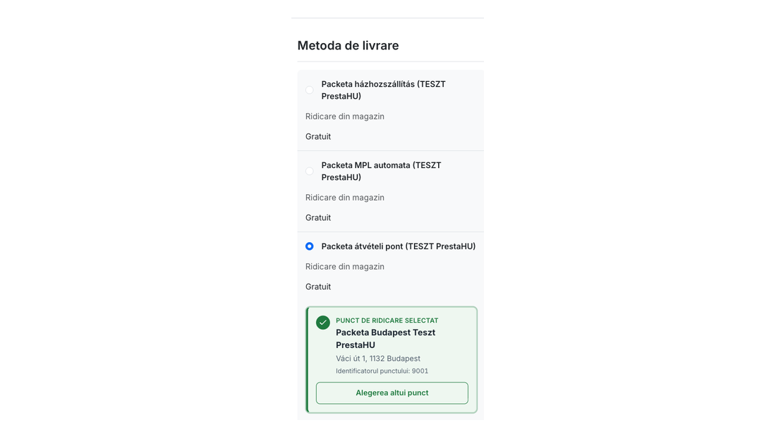 Coșul pe telefon: metodele de livrare Packeta și punctul de ridicare ales