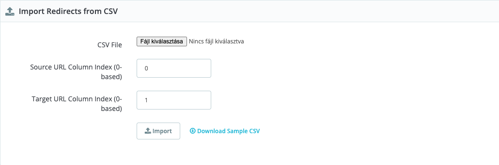 Formularul de import CSV cu indexul coloanei sursă și al coloanei țintă