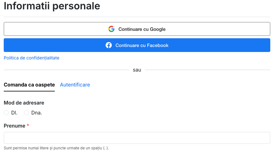 Pasul cu informații personale de la finalizarea comenzii, cu cele două butoane deasupra comenzii ca oaspete
