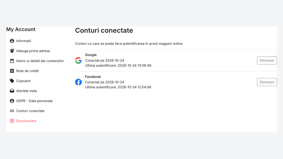 Pagina Conturi conectate din contul clientului, cu legăturile Google și Facebook