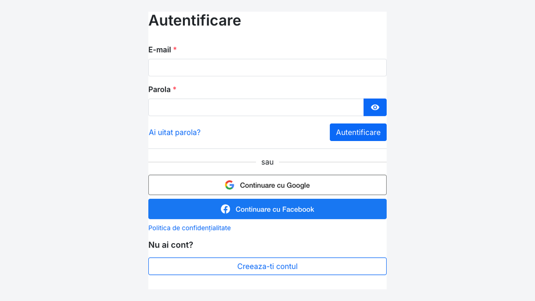 Pagina de autentificare cu butoanele Google și Facebook sub formular