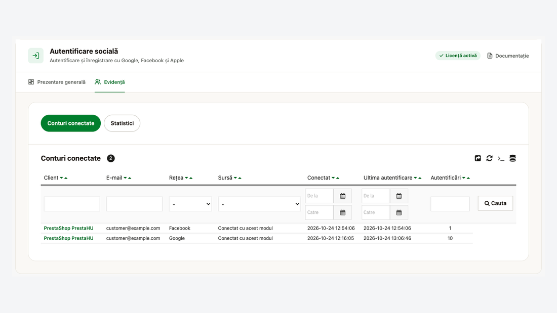 Lista conturilor conectate: client, rețea, sursă, data conectării și ultima autentificare