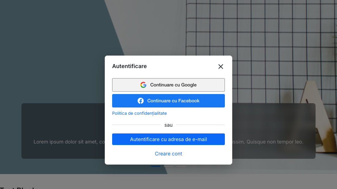 Linkul Autentificare din antet deschide o fereastră cu butoanele Google și Facebook