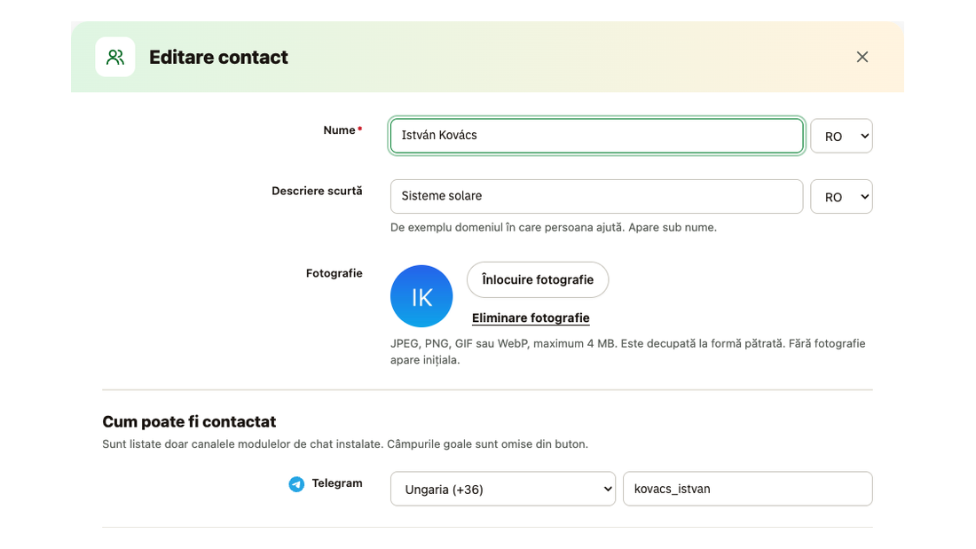 Fereastra persoanei de contact: nume și descriere scurtă pe limbă, fotografie și contact Telegram: nume de utilizator sau număr de telefon