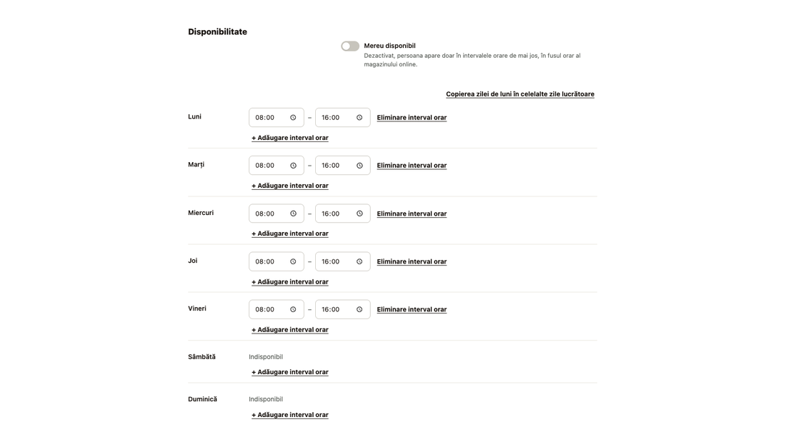 Programul unei persoane de contact de luni până duminică, cu intervale orare zilnice