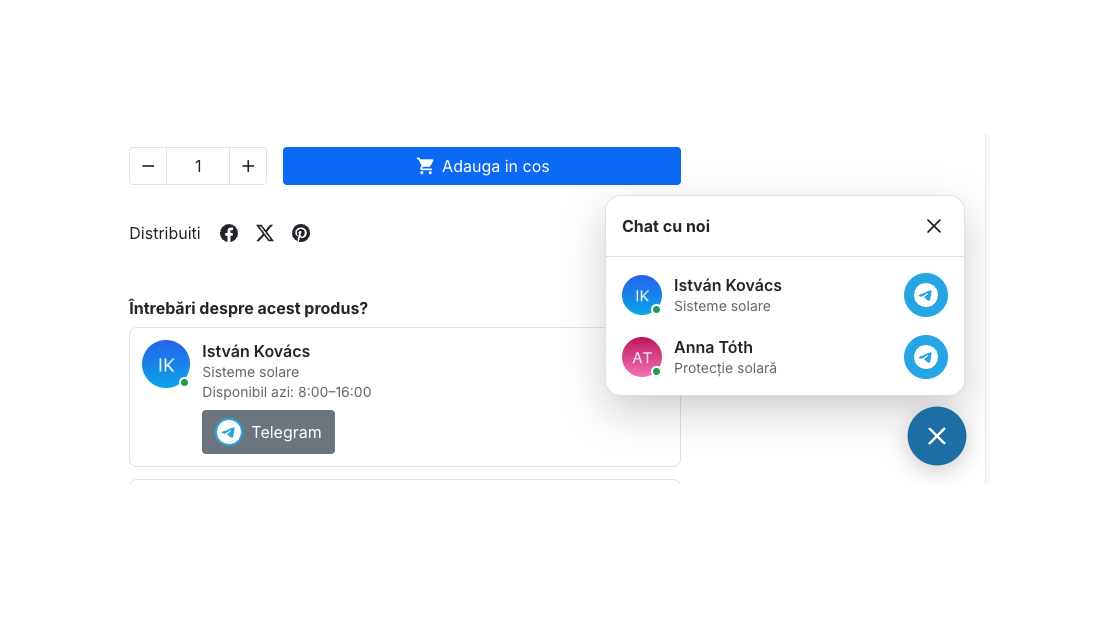 Pagina de produs cu panoul de chat deschis și cardul de contact cu programul de azi
