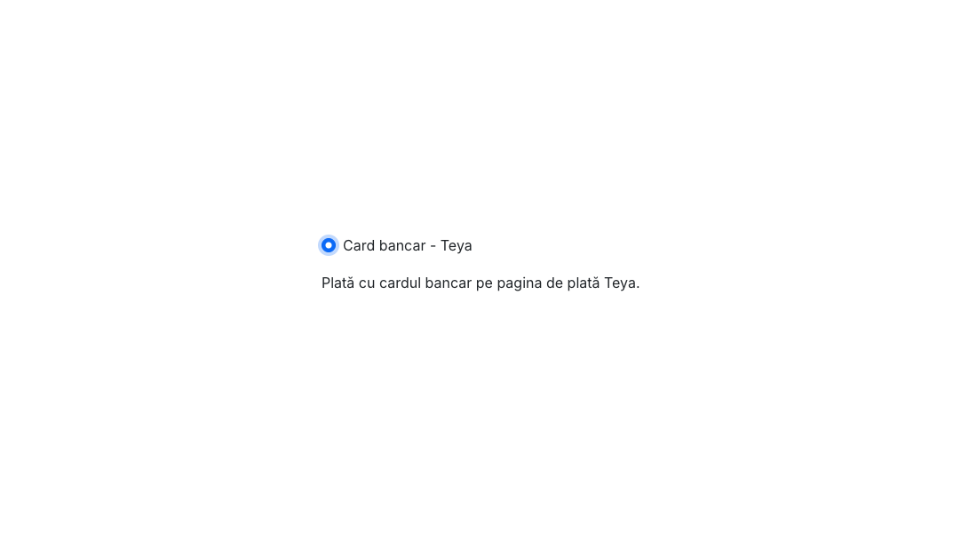 Metoda de plată cu cardul Teya la finalizarea comenzii, cu numele și descrierea setate