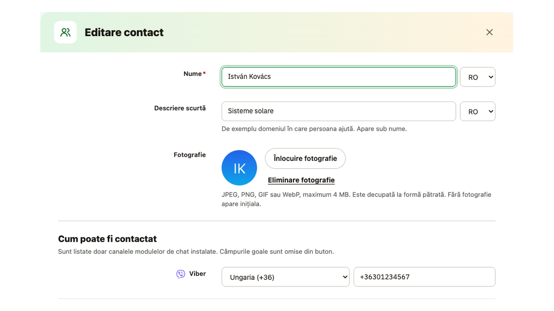 Fereastra persoanei de contact: nume și descriere scurtă pe limbă, fotografie și număr Viber cu prefixul țării