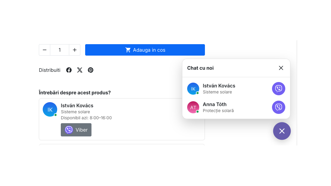Pagina de produs cu panoul de chat deschis și cardul de contact cu programul de azi