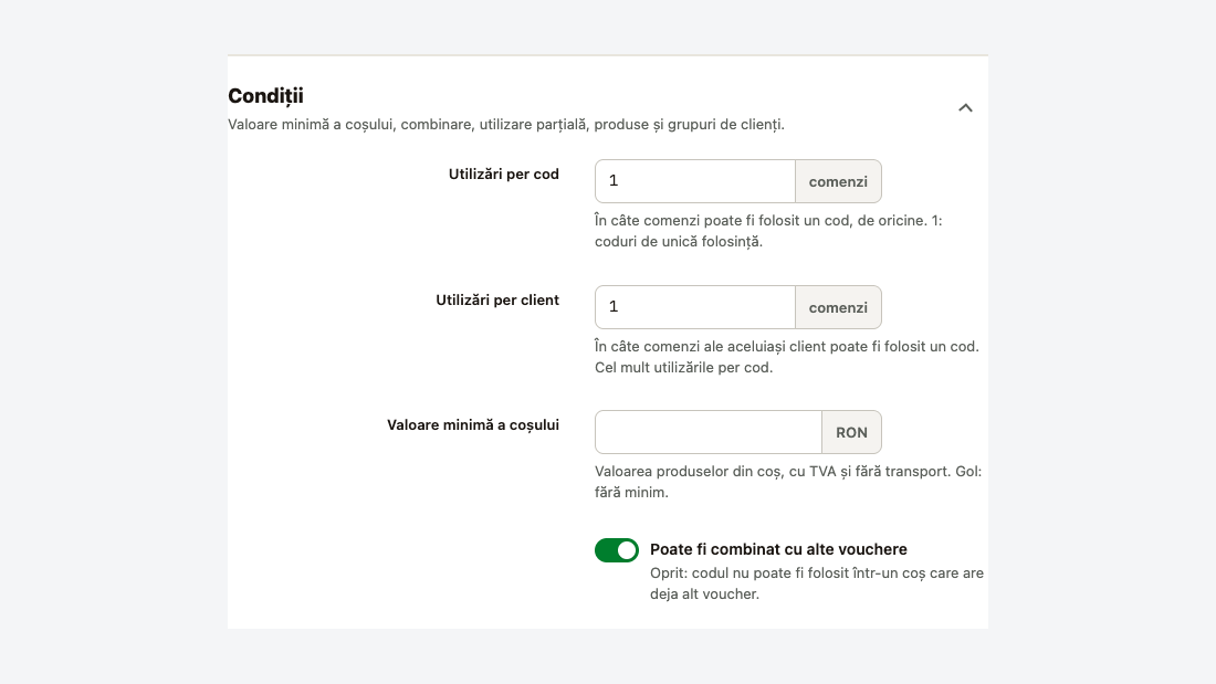 Condițiile unui grup: utilizări per cod și per client, valoare minimă a coșului, combinare cu alte vouchere
