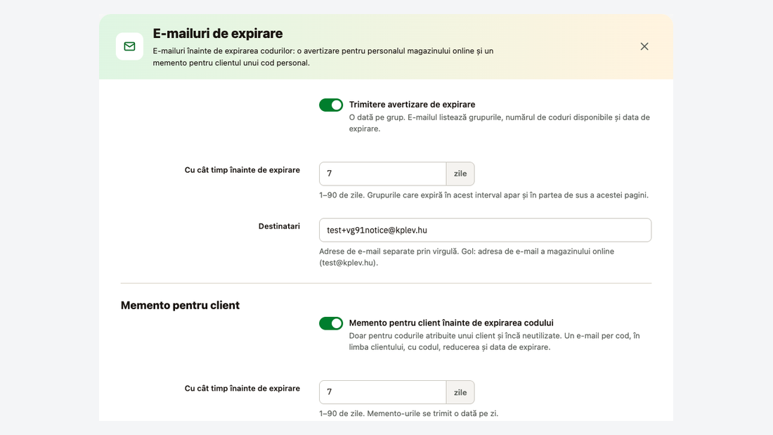 Fereastra E-mailuri de expirare: avertizare pentru personalul magazinului și memento pentru client