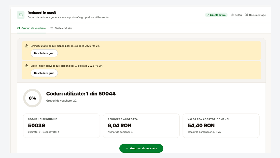 Ecranul Grupuri de voucher: avertizări de expirare, codurile folosite din toate codurile, coduri disponibile, reducerea acordată și valoarea acestor comenzi