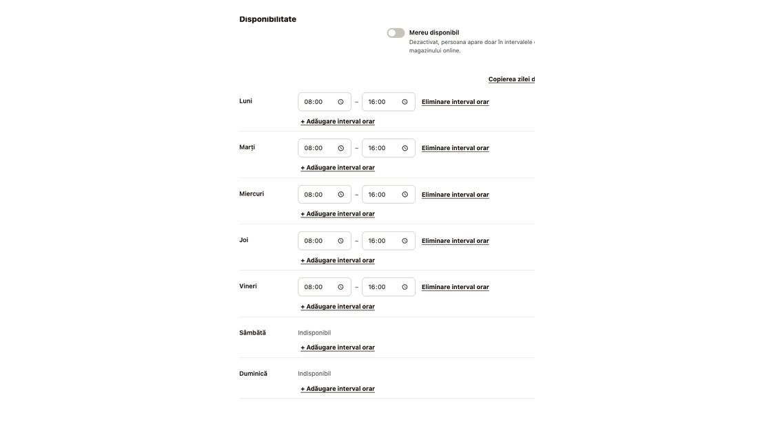 Programul unei persoane de contact de luni până duminică, cu intervale orare zilnice