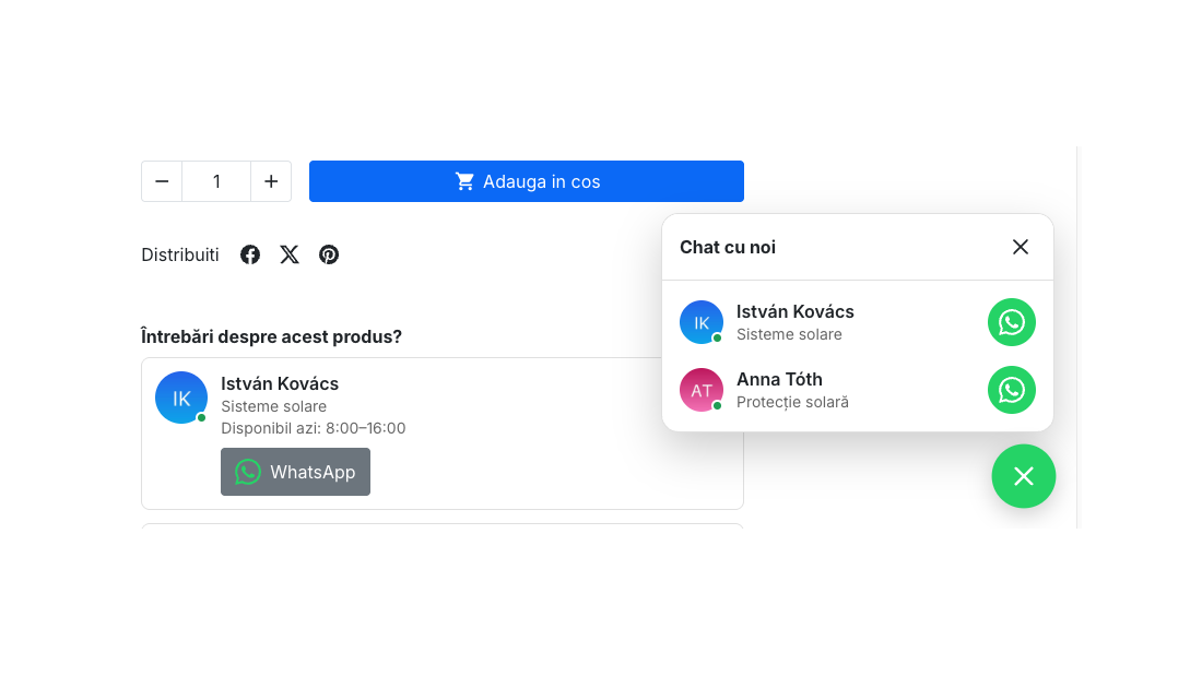 Pagina de produs cu panoul de chat deschis și cardul de contact cu programul de azi